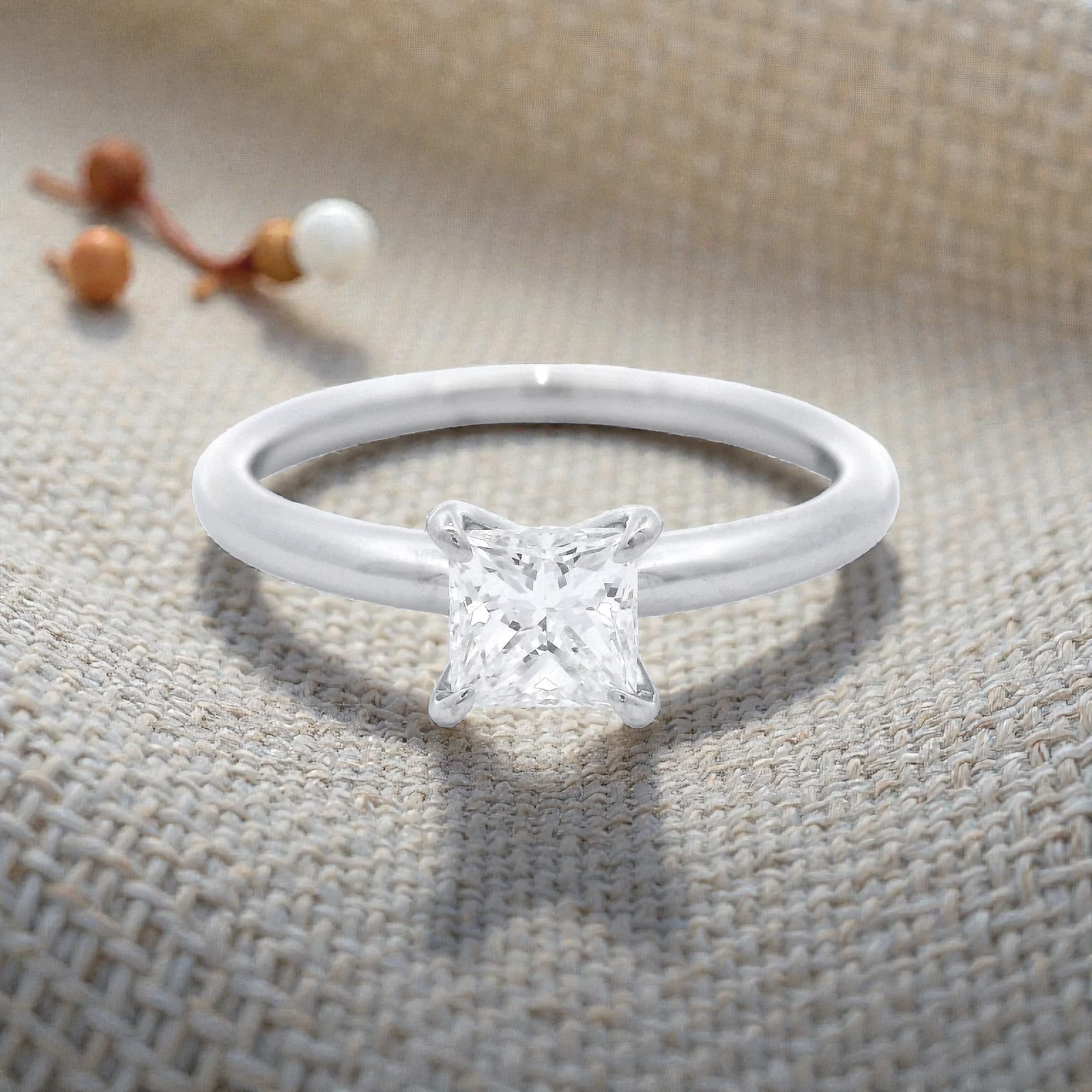 Princess Cut Solid Diamond Engagement Ring in White Gold