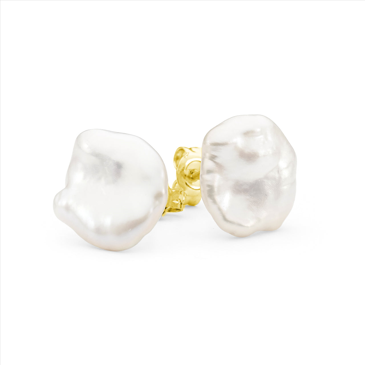 White Keshi Pearl Earrings in 9ct Yellow Gold