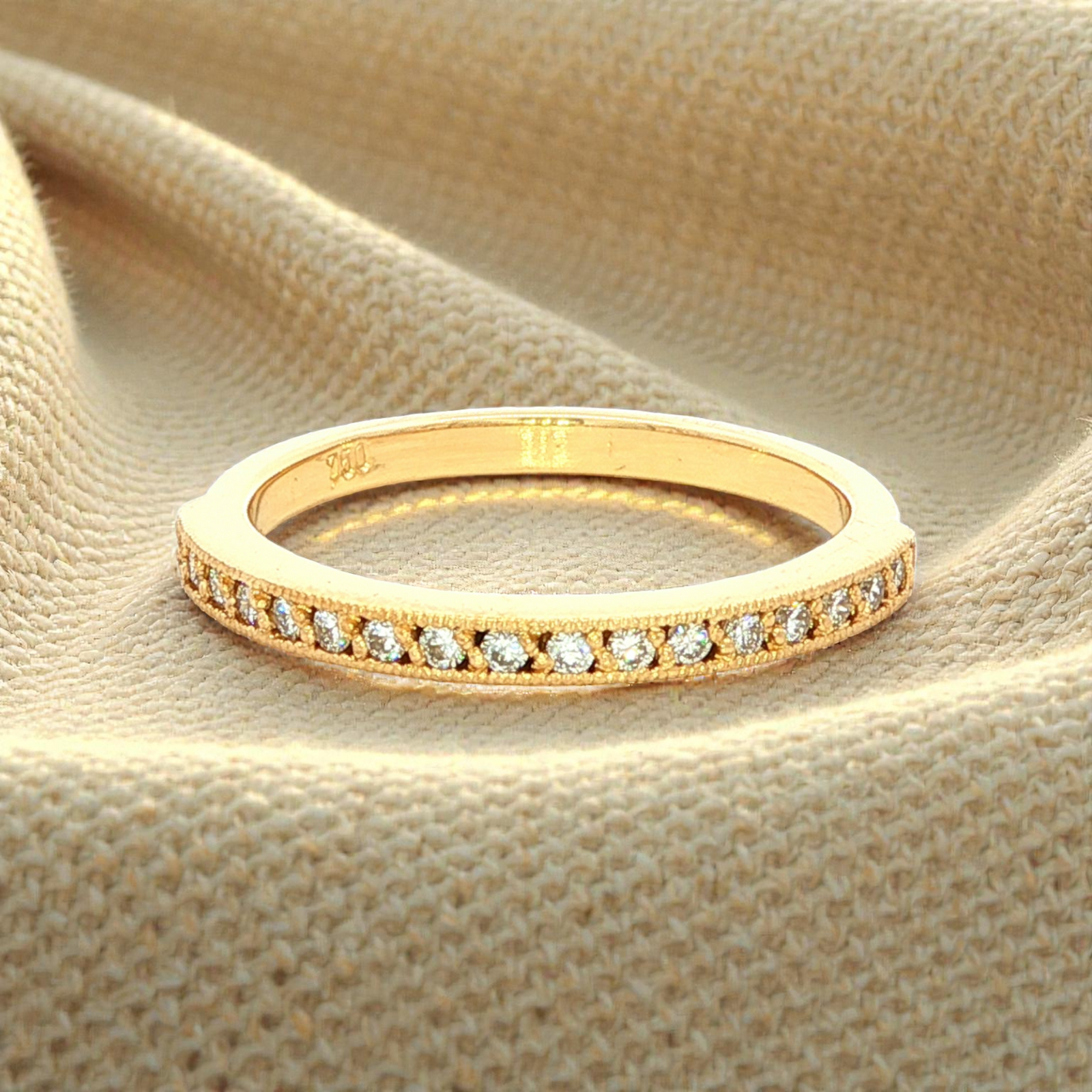 Diamond Channel Set Beaded Band Dress Ring in Yellow Gold