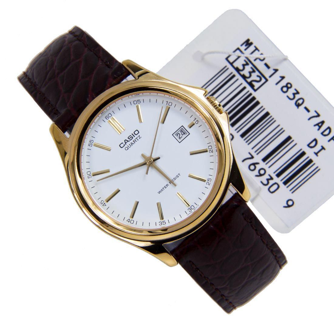 Casio Mens Quartz Watch with Leather Strap and Gold Bezel. MTP1183Q-7A