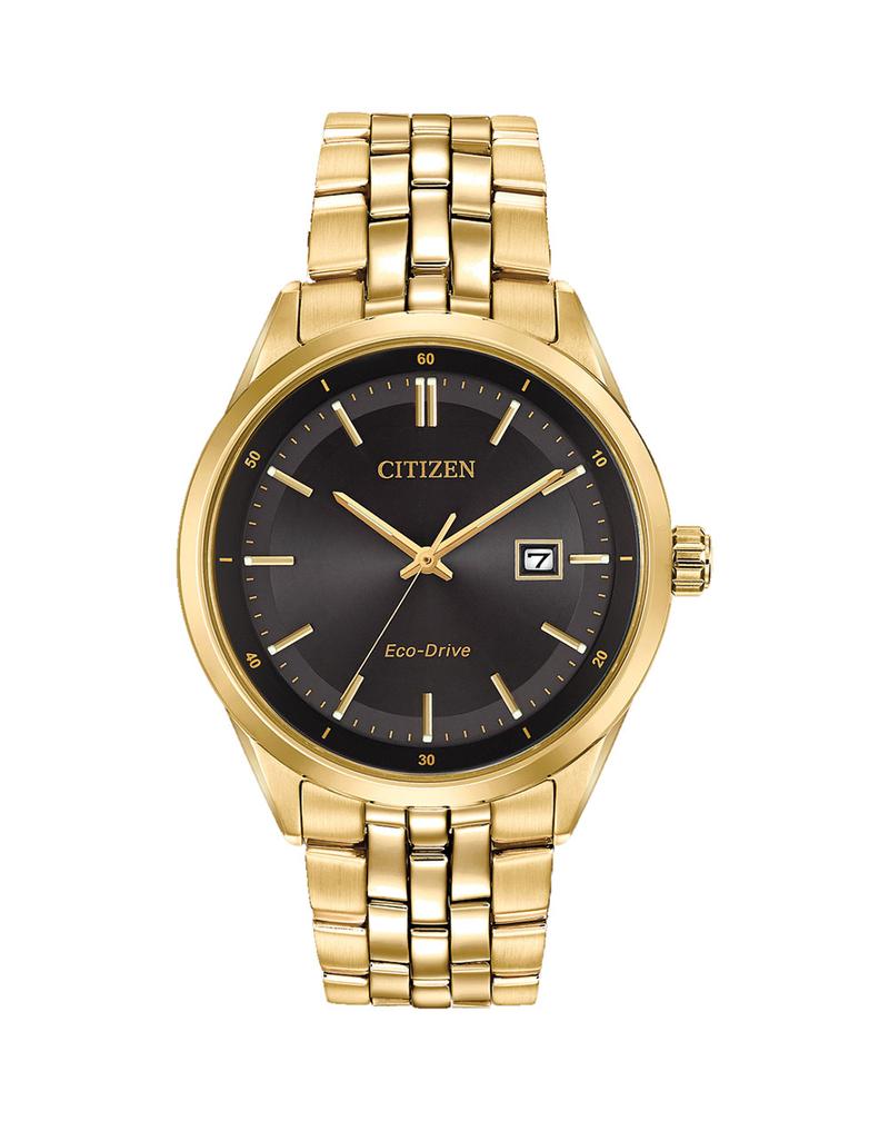 Mens Citizen Gold Bracelet Dress Watch with Black Dial and Sapphire Crystal Glass