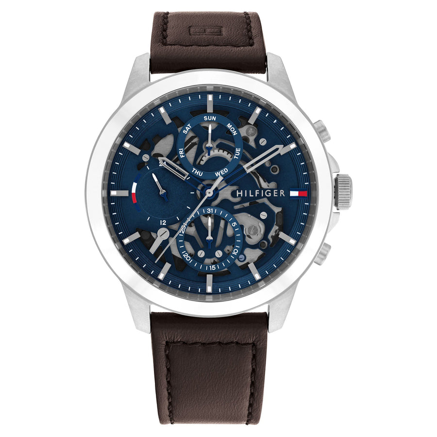 Tommy Hilfiger Dark Brown Leather Band Blue Dial Men's Multi-function Watch