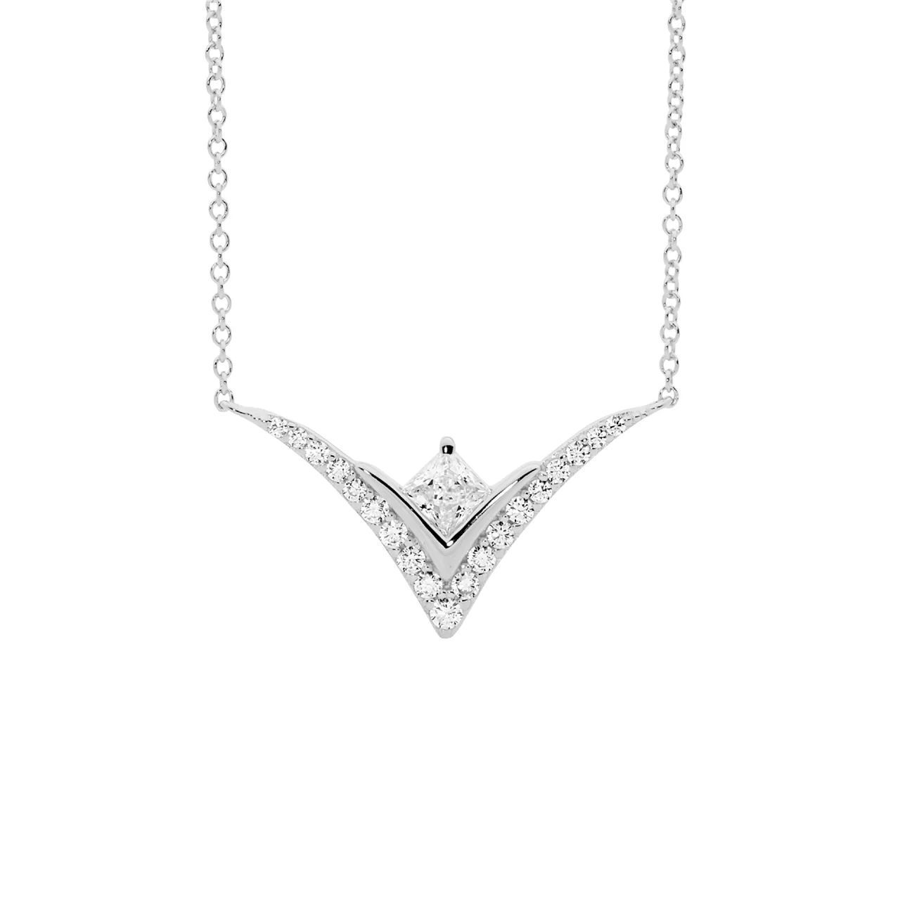 Ellani Princess Cut Cubic Zirconia Wishbone Necklace in Sterling Silver