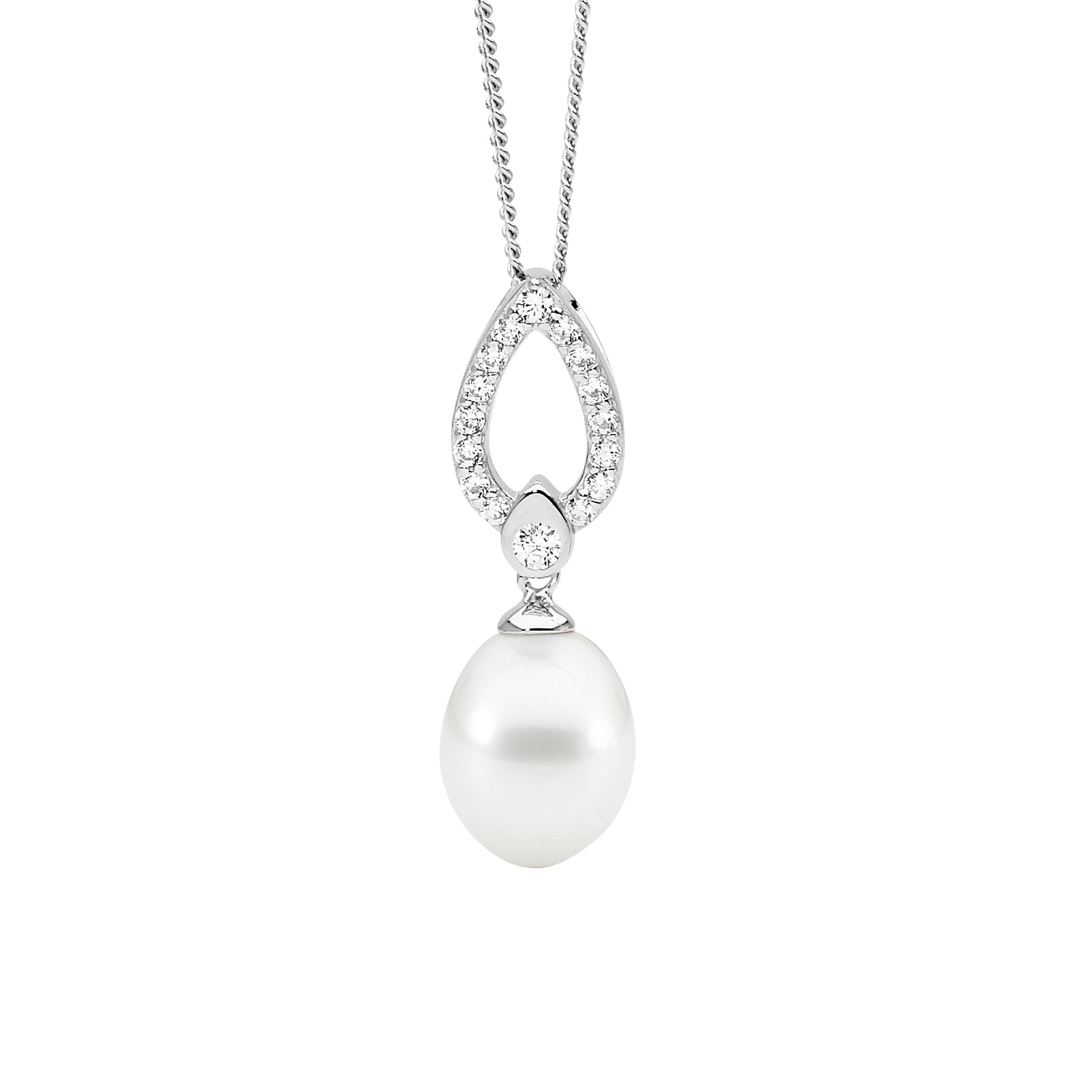 Ellani Sterling Silver Cubic Zirconia Open Drop Pendant with Freshwater Pearl and Chain