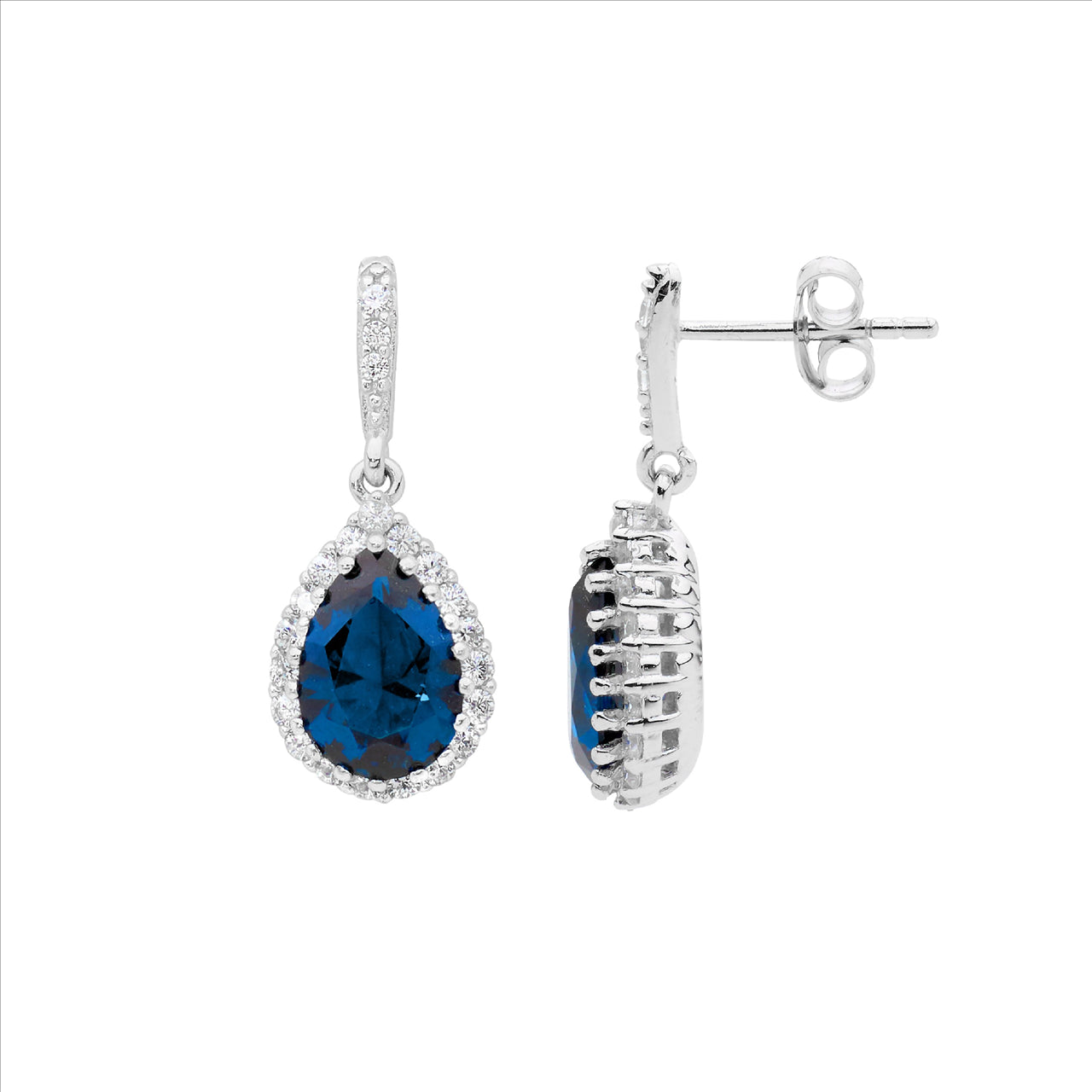 White & London Blue CZ Pear Halo Drop Earrings