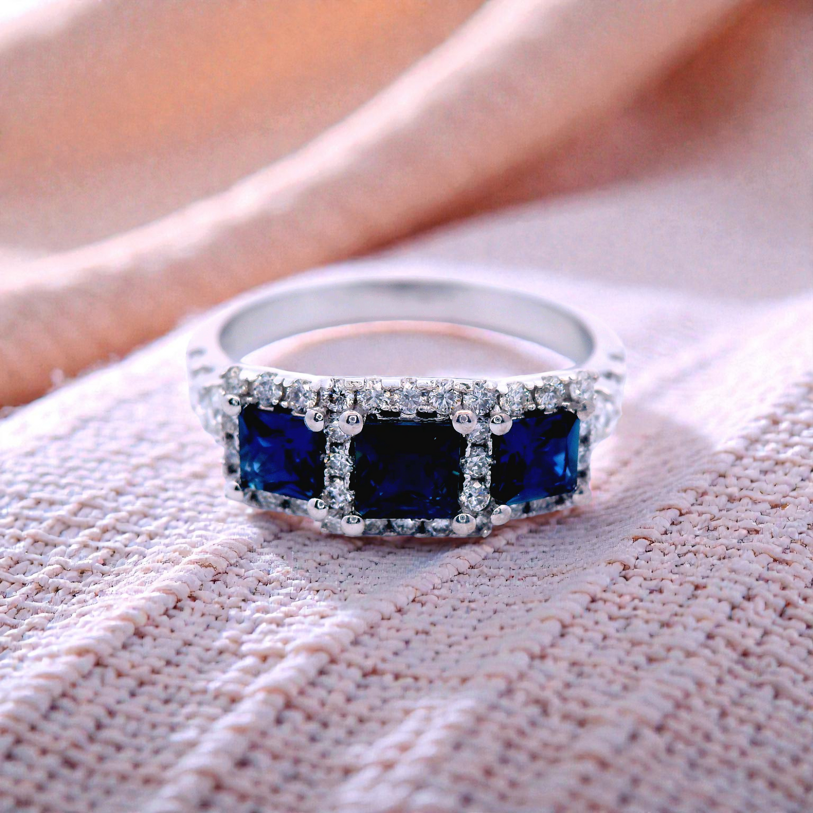 Triple Sapphire Stone Dress Ring in White Gold