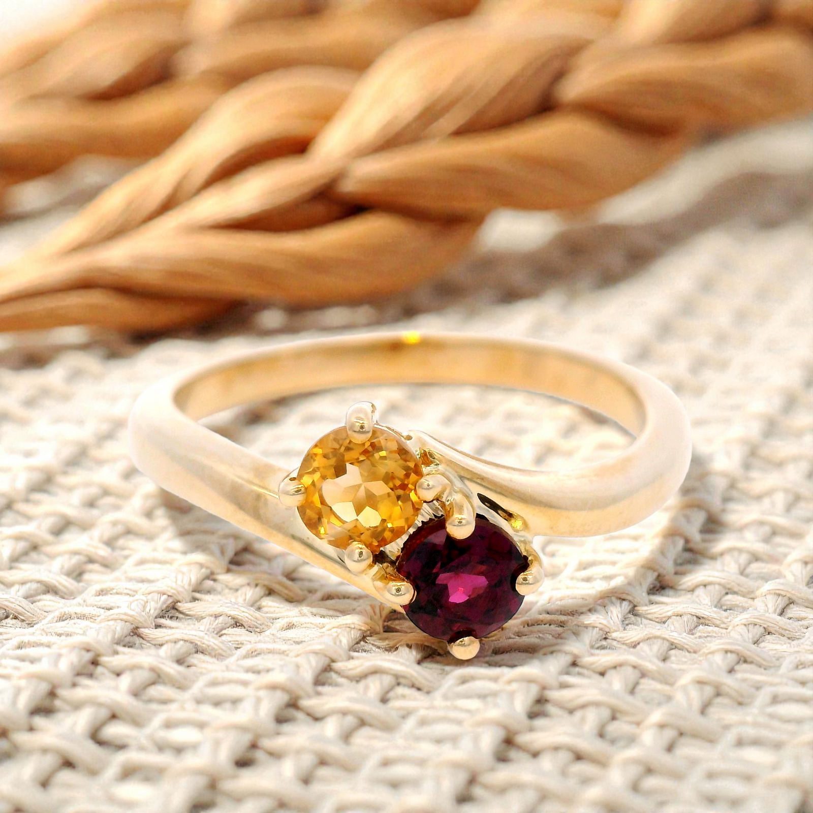 Citrine and Rhodonite Garnet in Yellow Gold Dress Ring