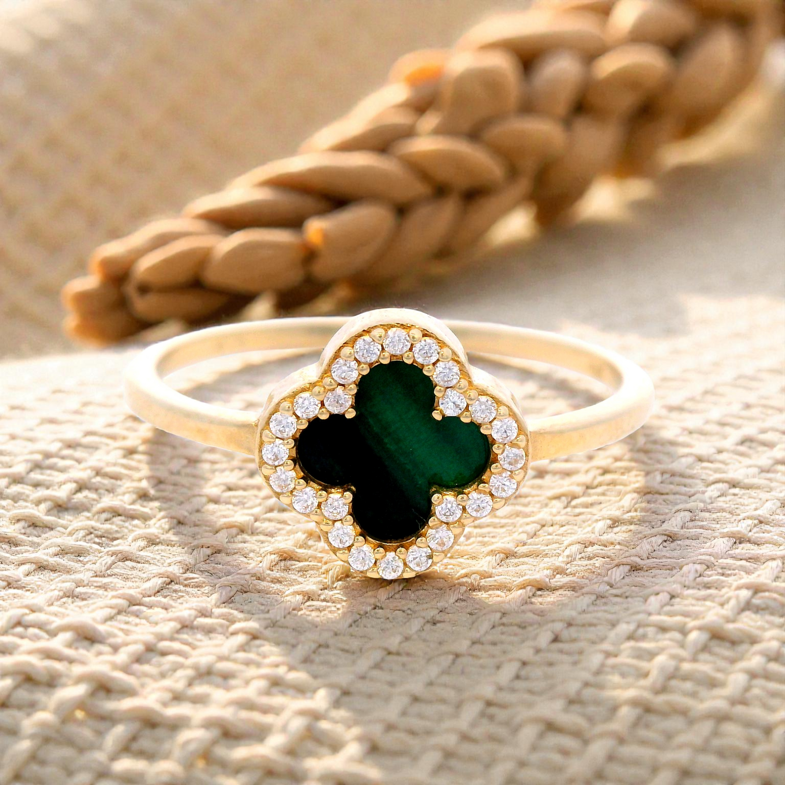 Malachite Clover Dress Ring with Cubic Zirconia Surround in 9 Carat Yellow Gold