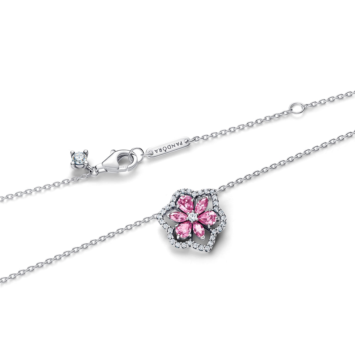Pandora Silver Herbarium Sparkling Pink Flower Pendant Necklace