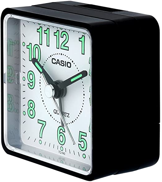 Casio Travel Alarm Clock with White Dial and Black Case. Model: TQ140