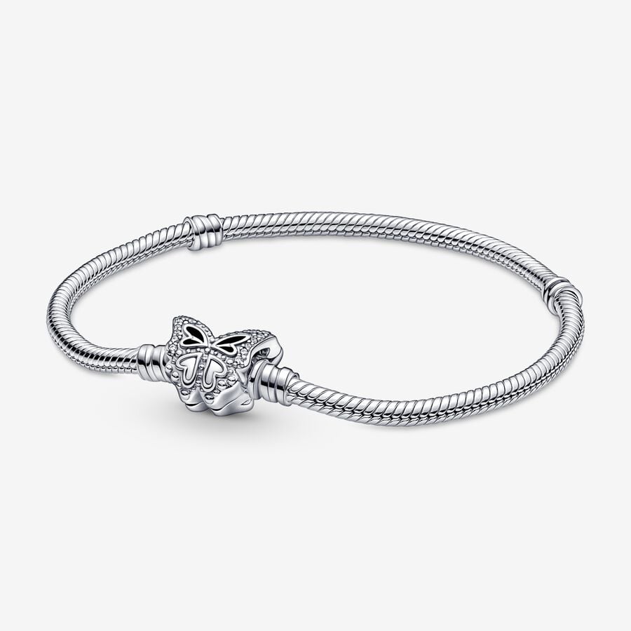 Snake chain sterling silver bracelet with butterfly clasp with clear cubic zirconia