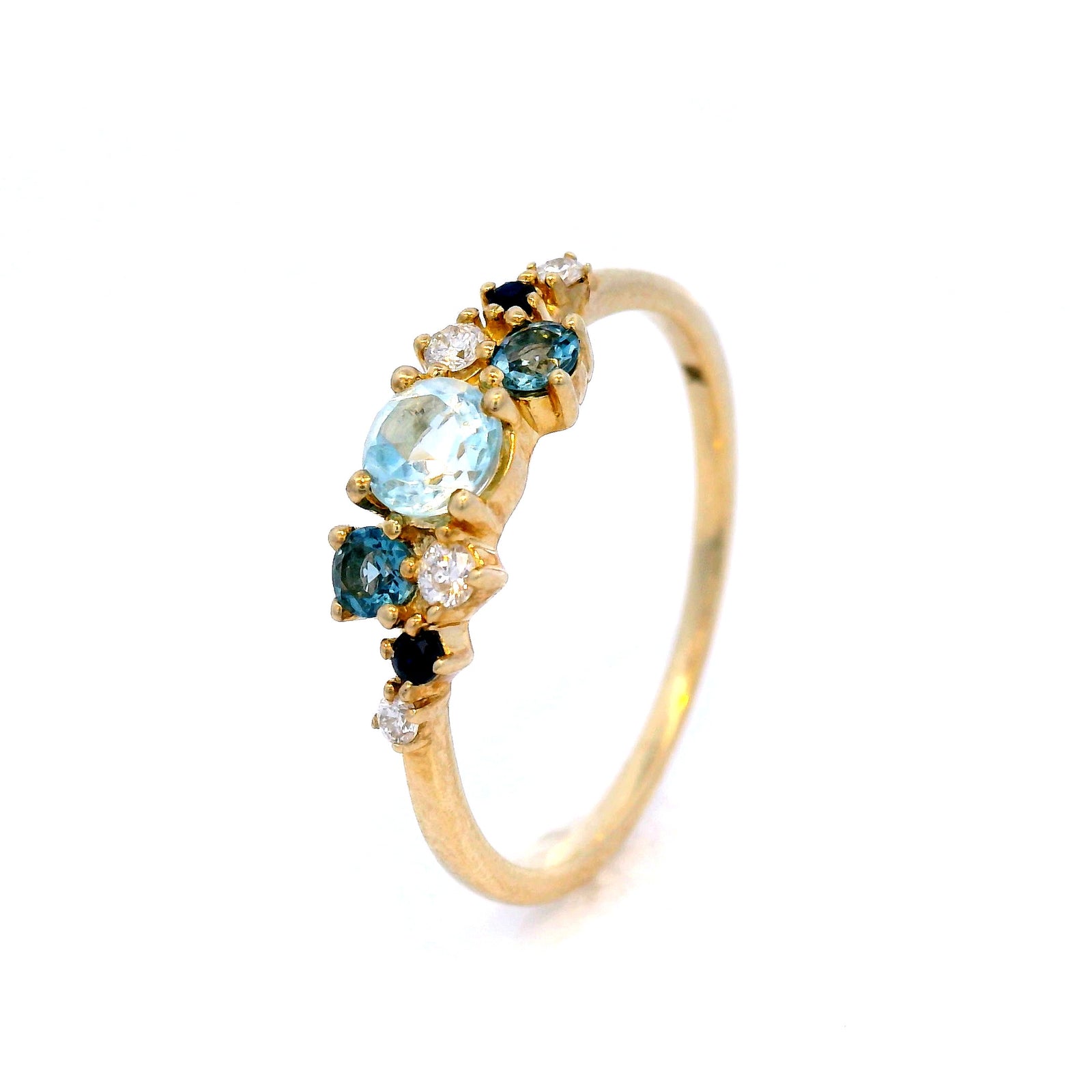 Aquamarine, Ceylon Sapphire and Diamond Set Ring in 9 Carat Yellow Gold