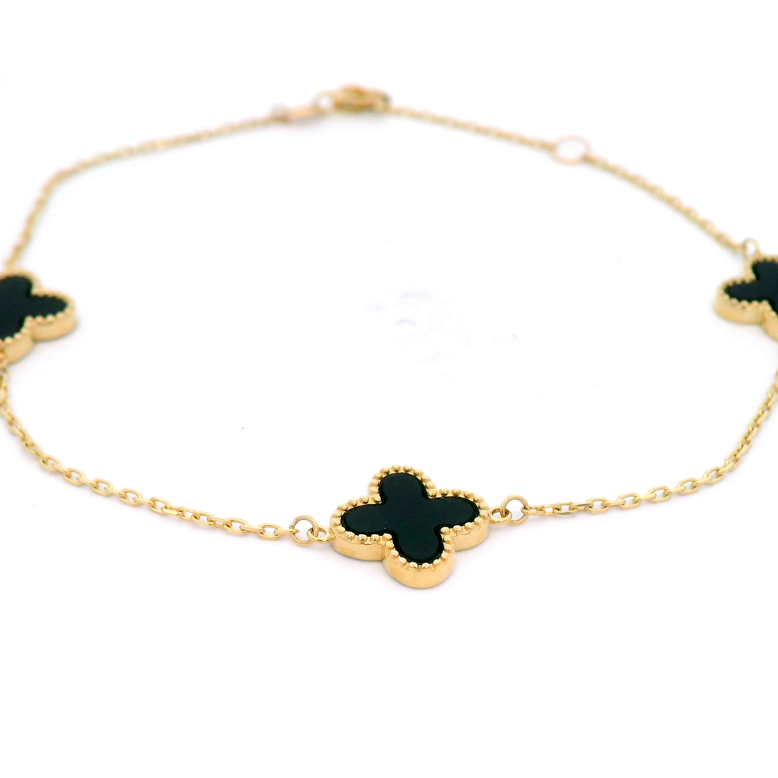 9K Yellow Gold Black Onyx Clover Bracelet