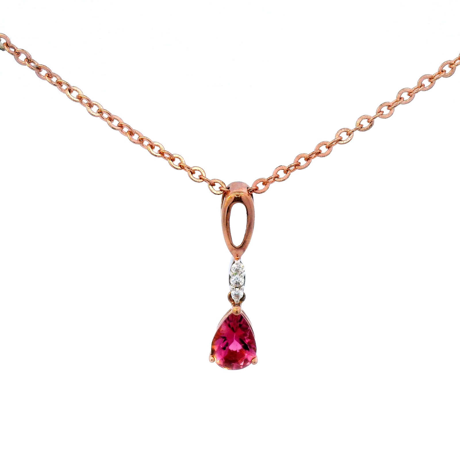 Pink Touormaline & Diamond Drop Pendant in Rose Gold