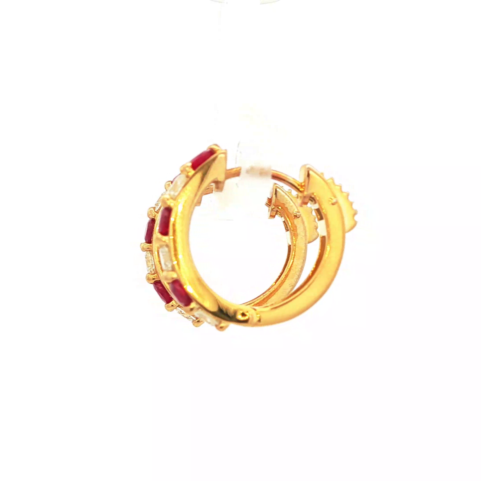 Yellow Gold Hoop Earrings with Round Cabochon Cut Rubies