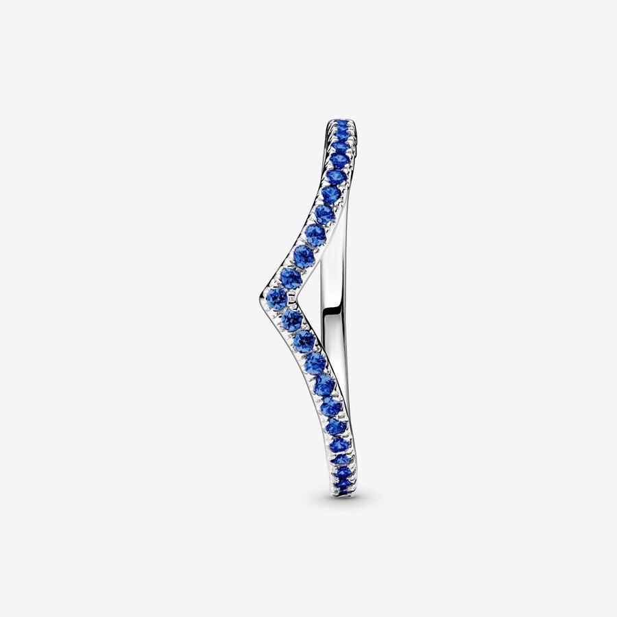Wishbone sterling silver ring with stellar blue crystal