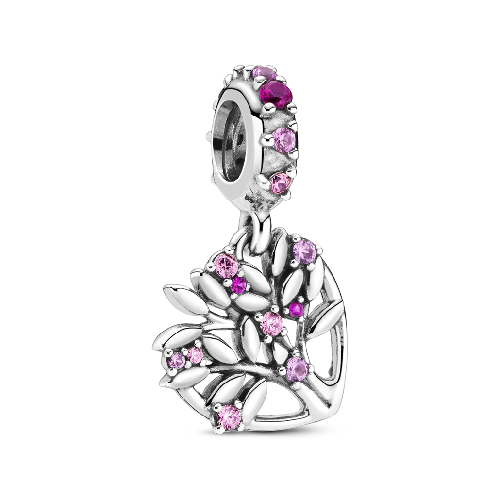 Family Tree Silver Hanging Charm w Fancy Fairytale Pink CZ, Synthetic Pink Sapphire & Synthetic Ruby