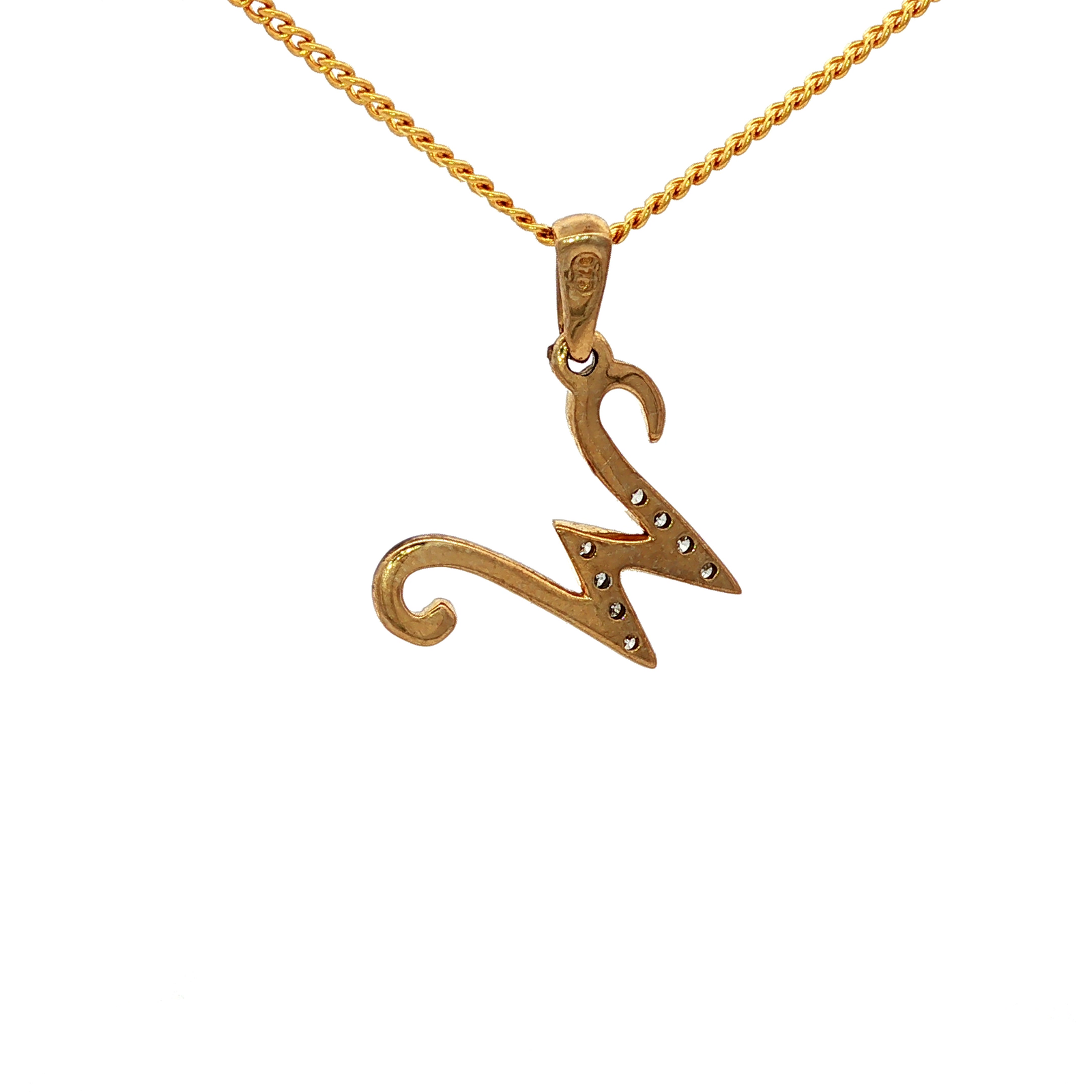 Yellow Gold Charm Necklace with Round Cut Diamond 'W' Pendant