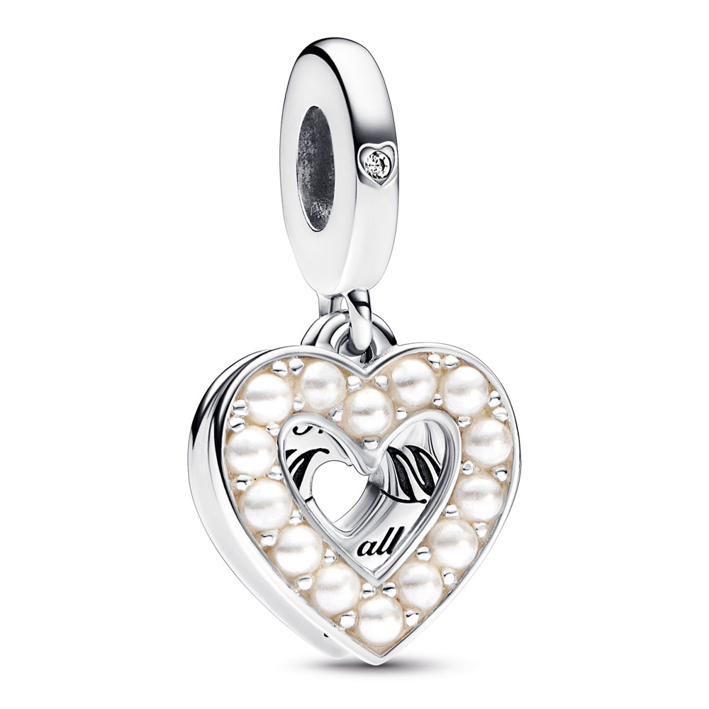 Mum heart sterling silver double dangle with bioresin man-made mother of pearl and clear cubic zirconia