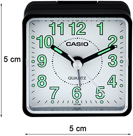 Casio Travel Alarm Clock with White Dial and Black Case. Model: TQ140