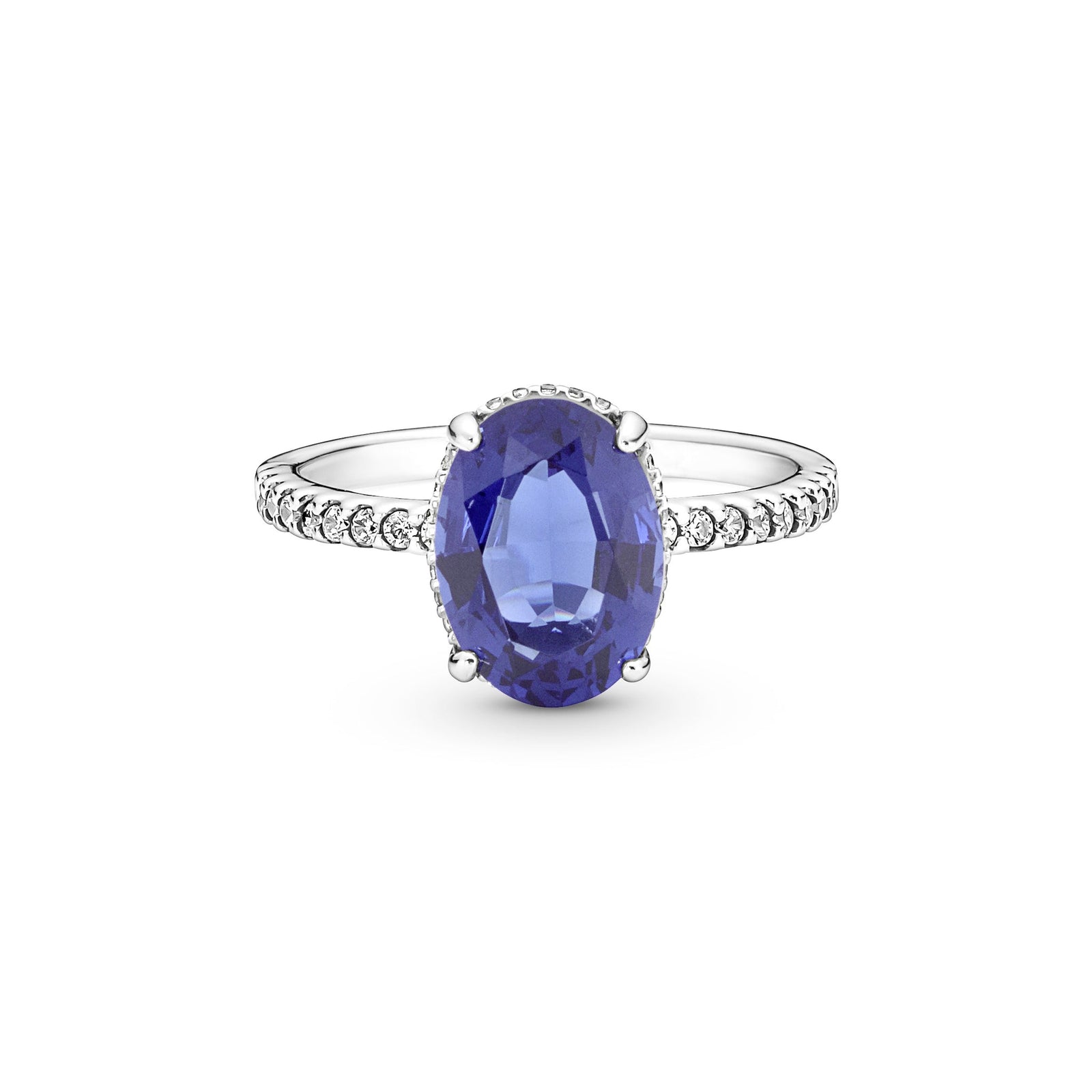 Sterling silver ring with princess blue crystal and clear cubic zirconia