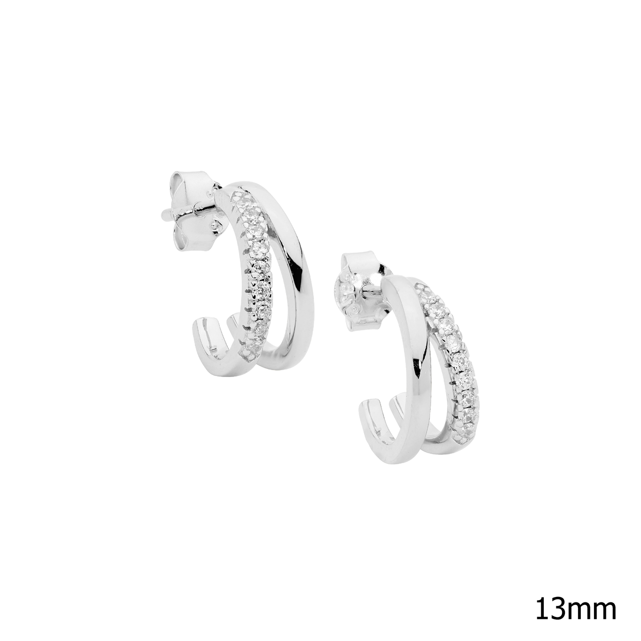 SS 13mm dble split hoop earrings, 1 hoop wh cz