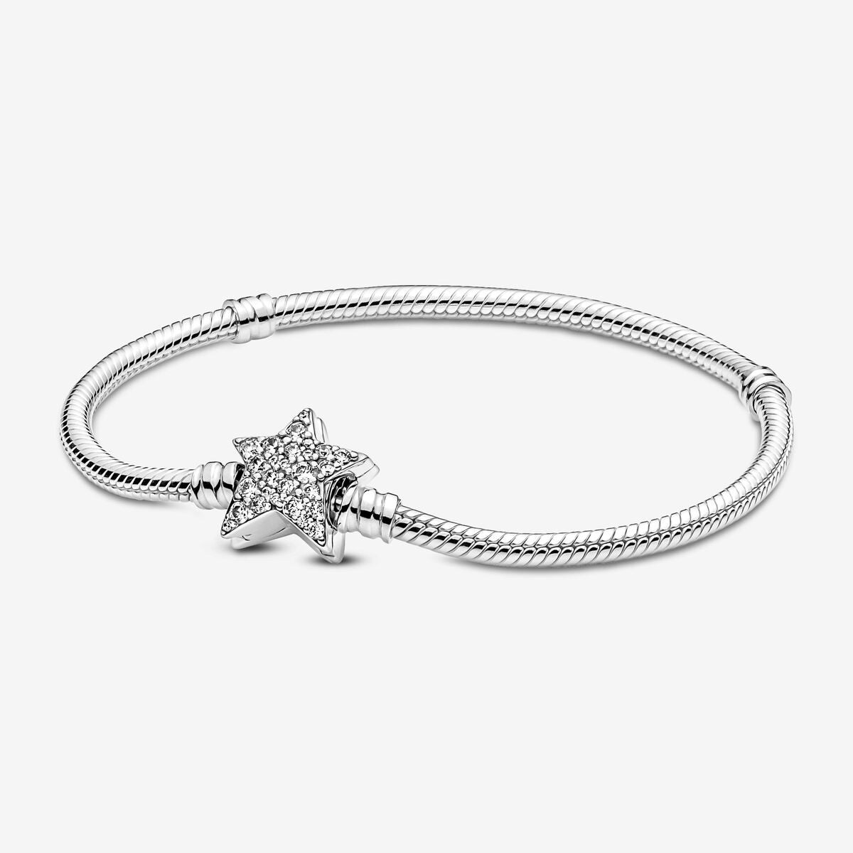 Snake chain sterling silver bracelet with star clasp and clear cubic zirconia