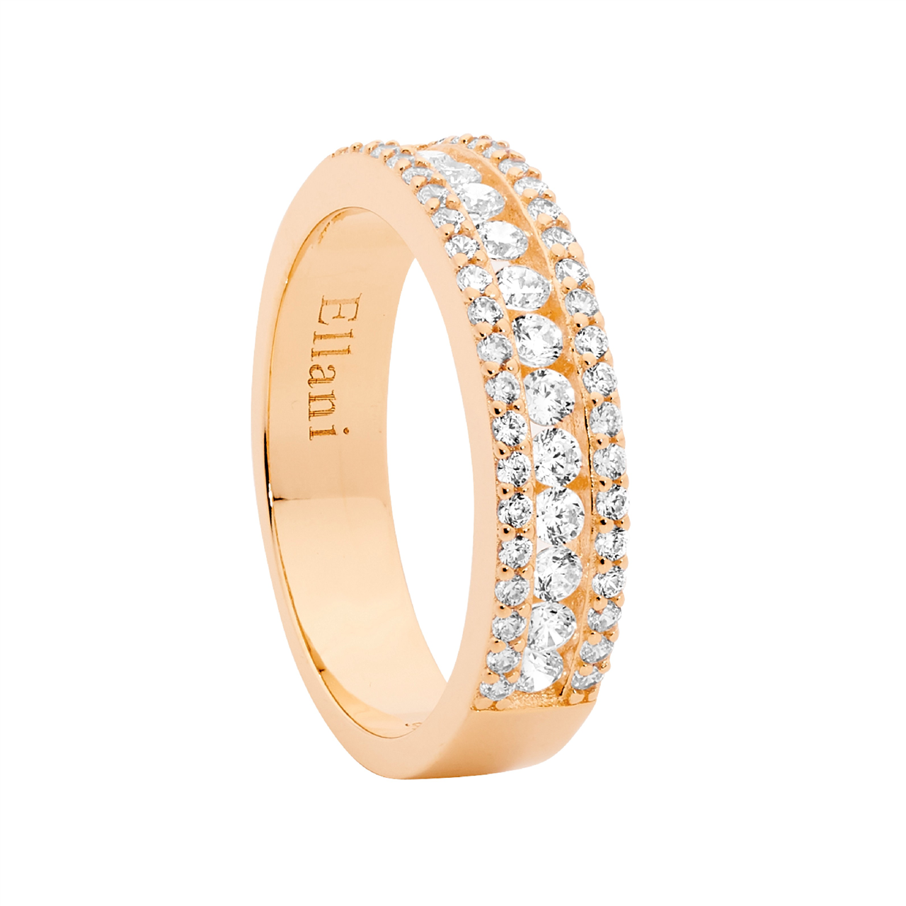 Ellani SS WH CZ Ring W/ Channel Set Centre Row, Rose Gold Plating