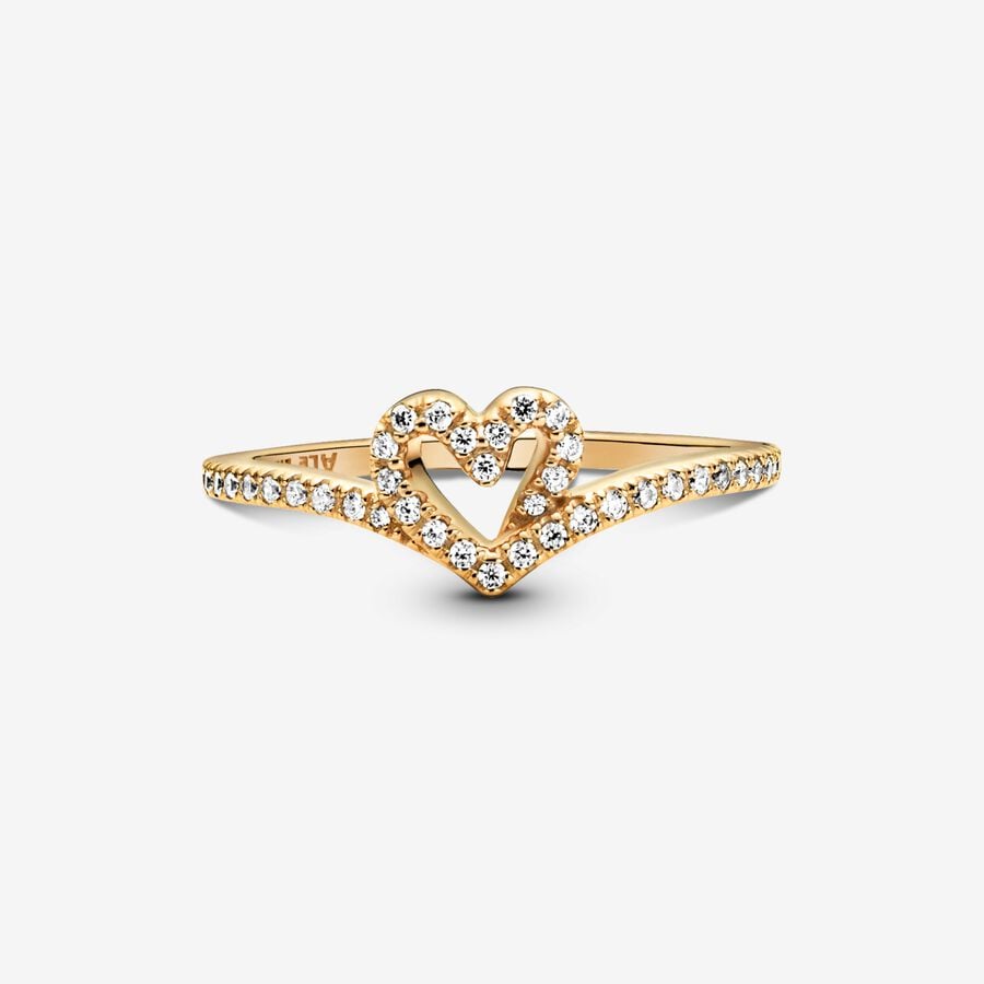 Heart and wishbone 14k gold-plated ring with clear cubic zirconia