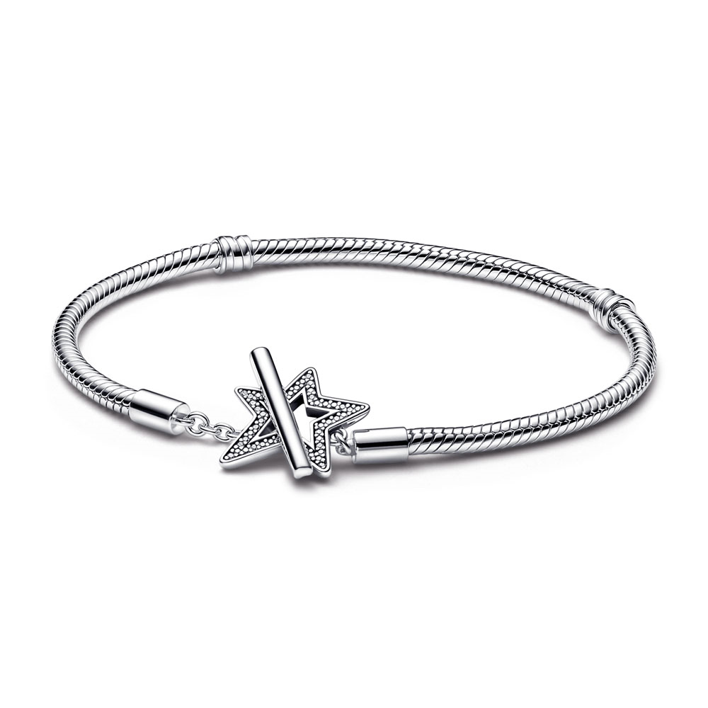 Snake chain sterling silver star toggle bracelet with clear cubic zirconia