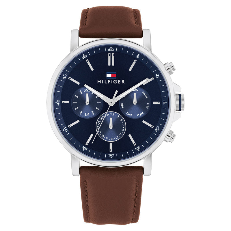 Tommy Hilfiger Brown Leather Navy Dial Multi-function Men's Watch