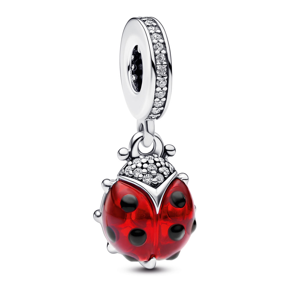 Ladybird sterling silver dangle with salsa red crystal, clear cubic zirconia and black enamel