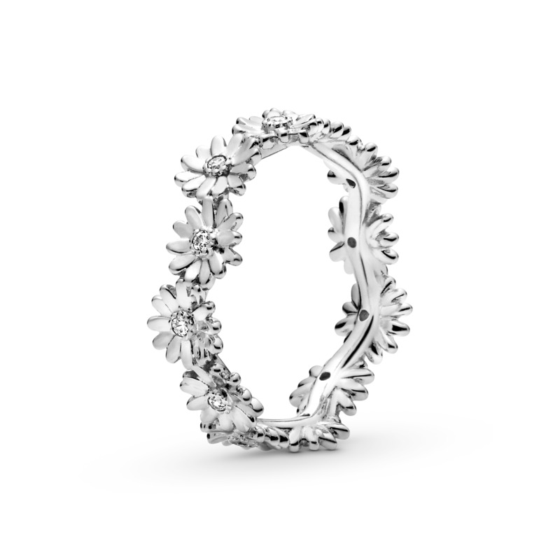 Sparkling Daisy Flower Crown Silver Ring w CZ