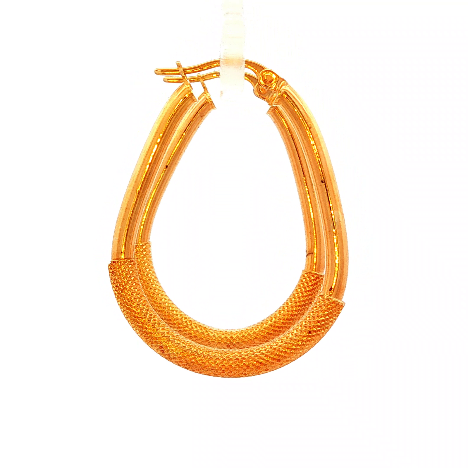 Tear Drop Hoop Earrings with Mesh Etching in Yellow Gold