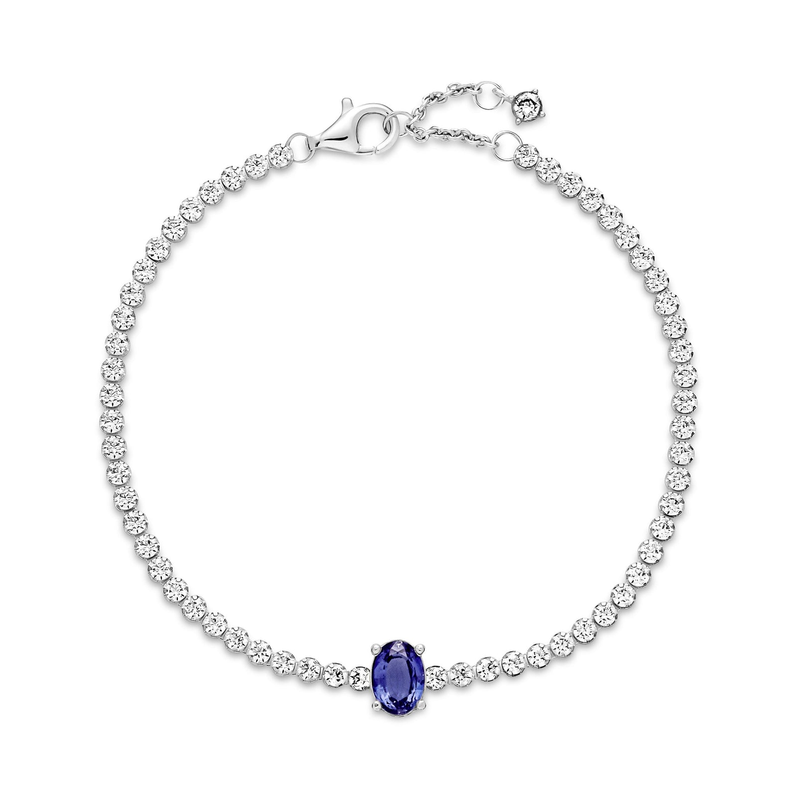 Sterling silver tennis bracelet with princess blue crystal and clear cubic zirconia