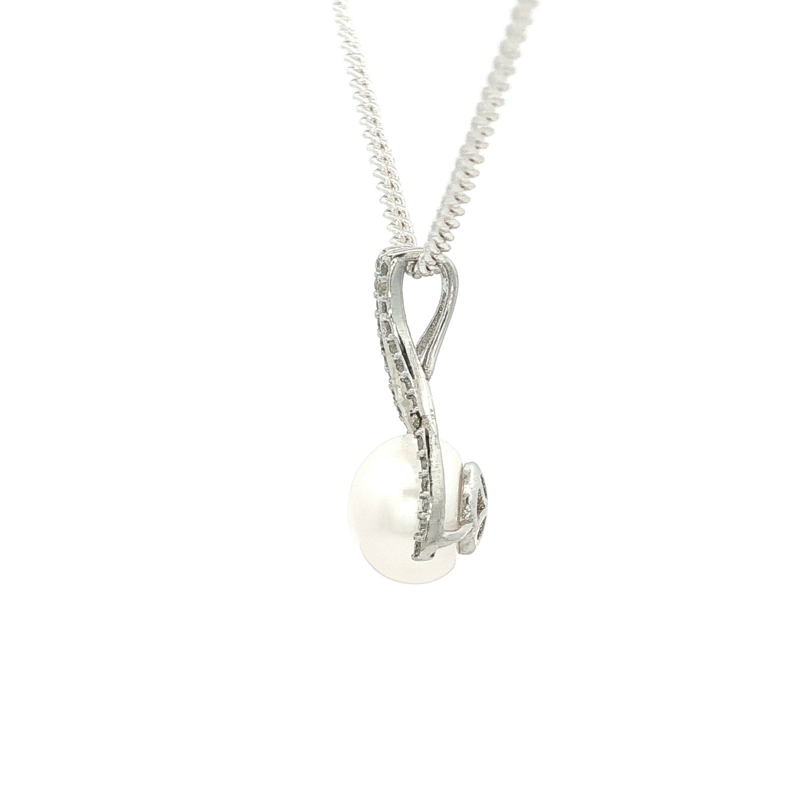 White Freshwater Pearl Wishbone Pendant Encrusted with Cubic Zirconias
