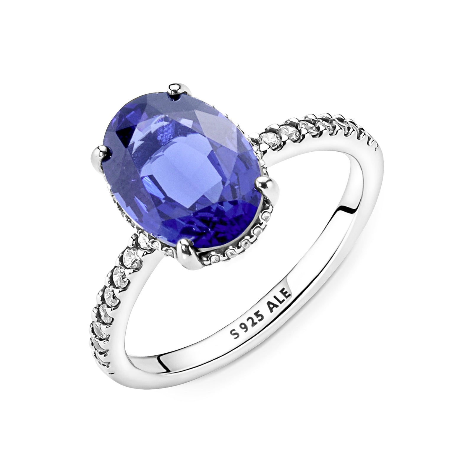 Sterling silver ring with princess blue crystal and clear cubic zirconia