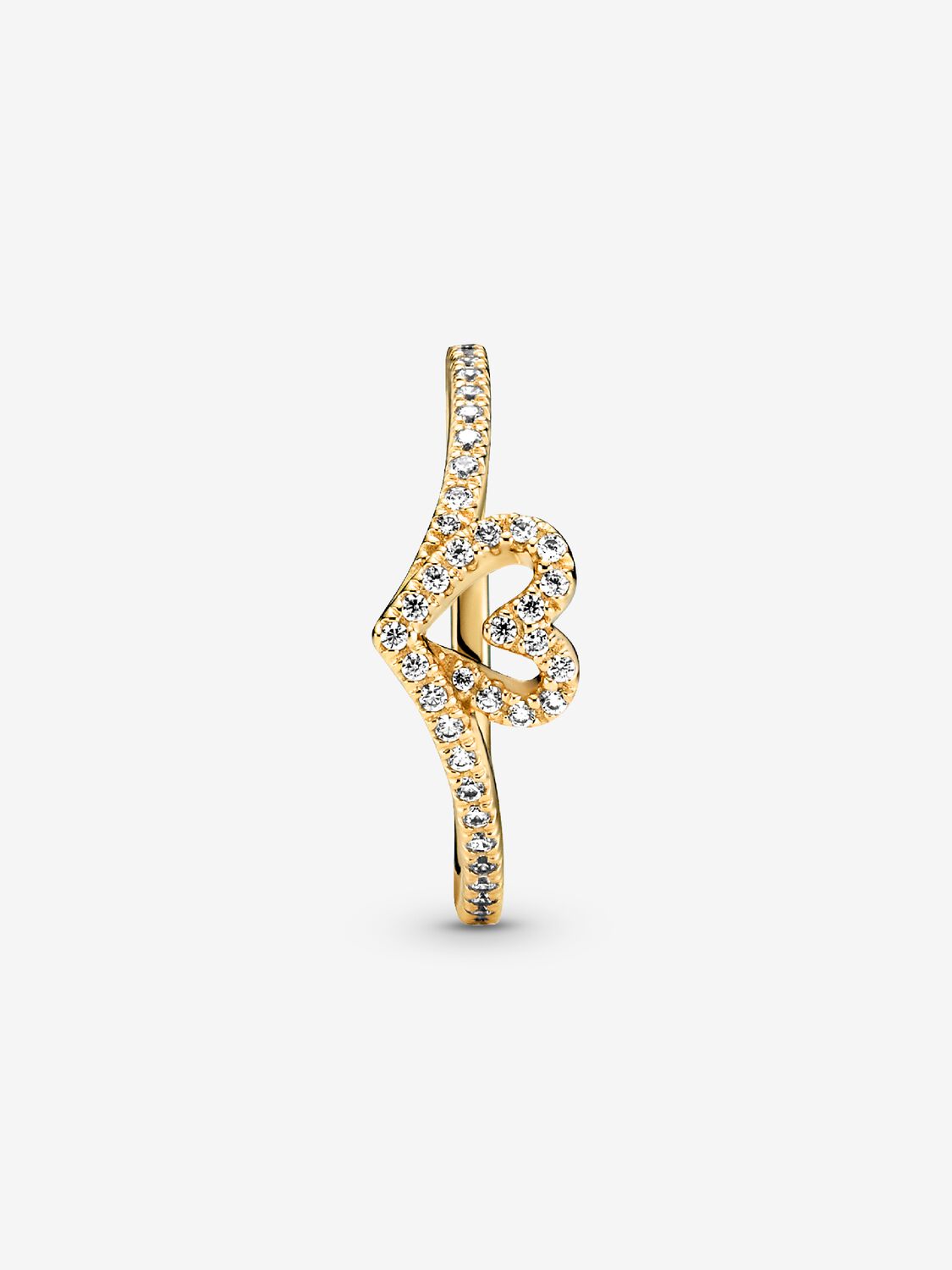 Heart and wishbone 14k gold-plated ring with clear cubic zirconia