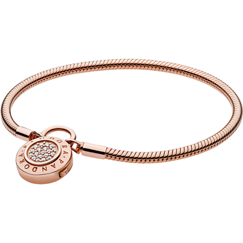 DNR PANDORA Rose snake chain bracelet and PANDORA logo padlock clasp with clear cubi