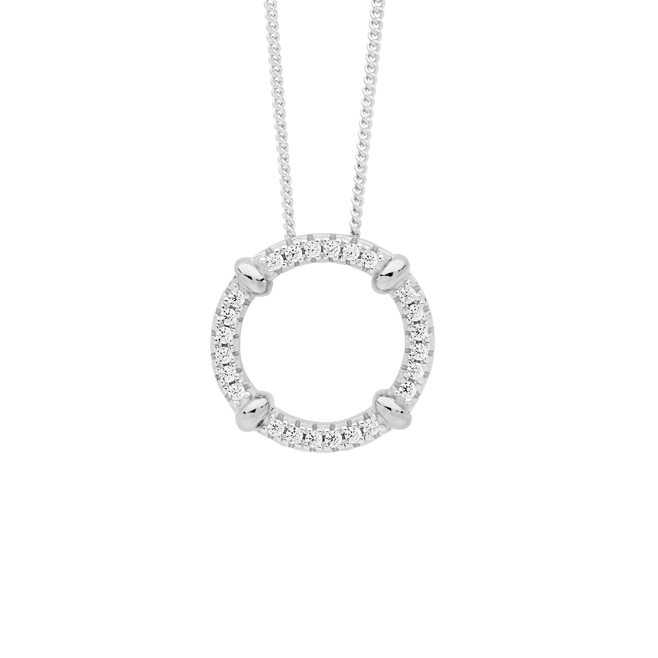 SS 16mm wh cz circle pendant w/ plain silver bands