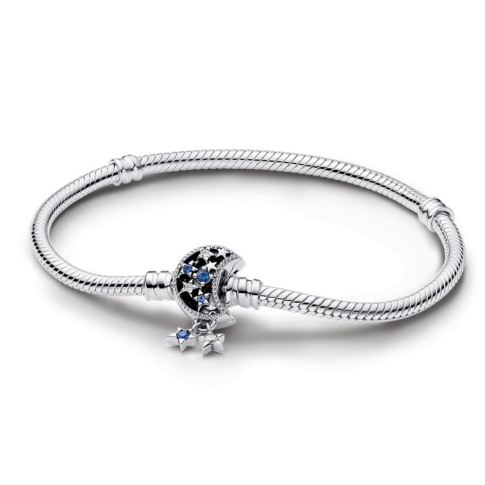Snake chain sterling silver bracelet with moon clasp with stellar blue crystal and clear cubic zirconia