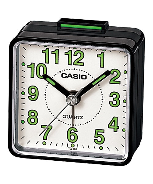 Casio Travel Alarm Clock with White Dial and Black Case. Model: TQ140