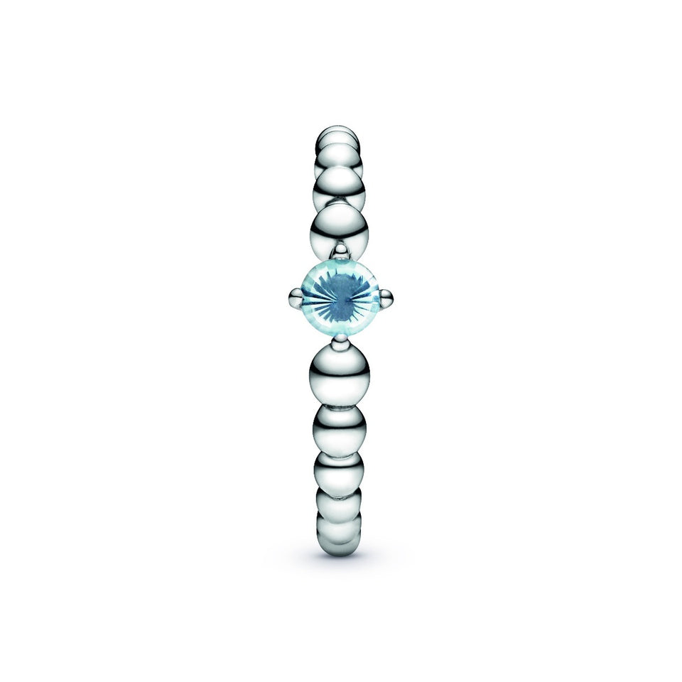 March Aqua Blue Silver Ring with Man-Made Water Blue Crystal