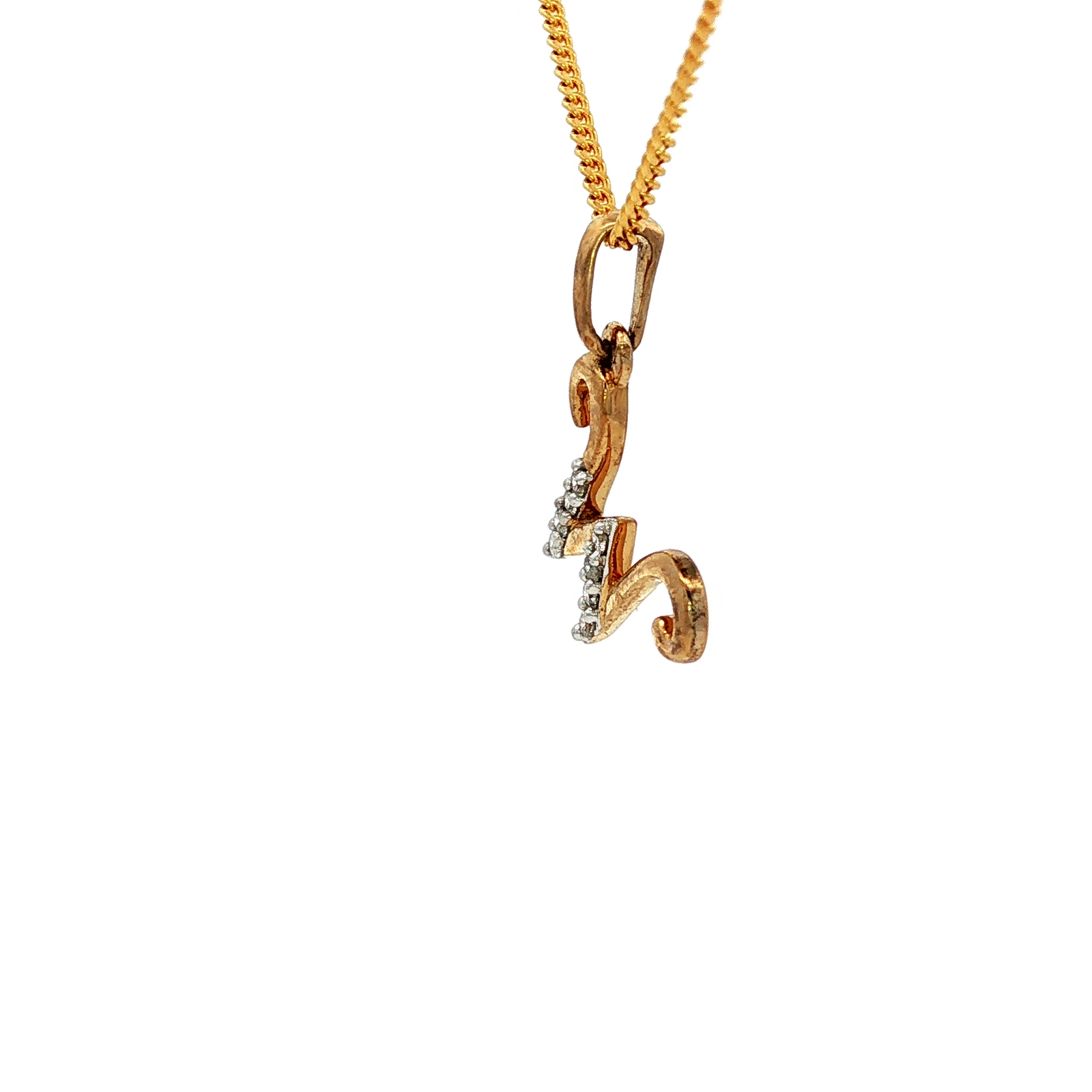 Yellow Gold Charm Necklace with Round Cut Diamond 'W' Pendant