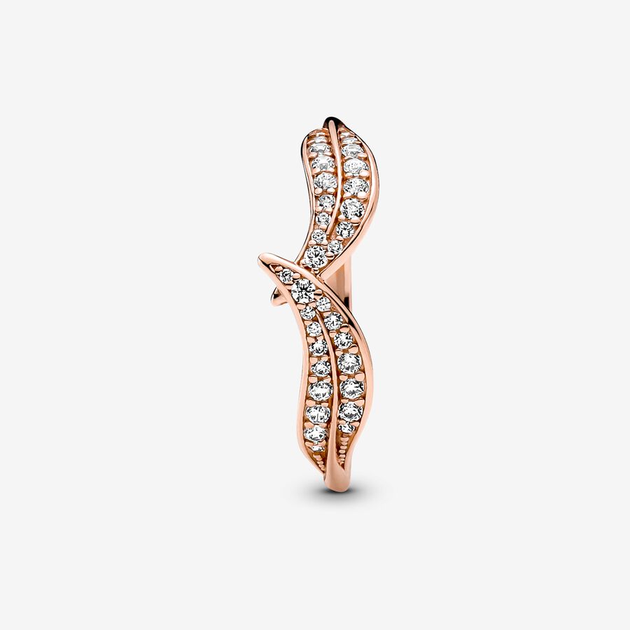 Pandora Rose Leaves Wishbone Ring w Clear CZ