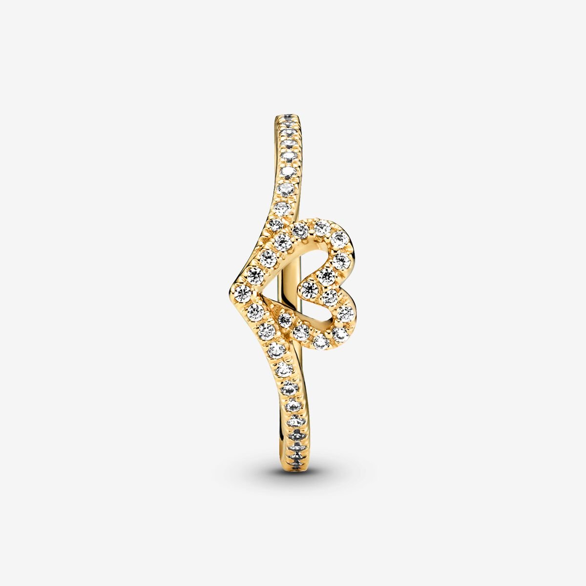 Heart and wishbone 14k gold-plated ring with clear cubic zirconia