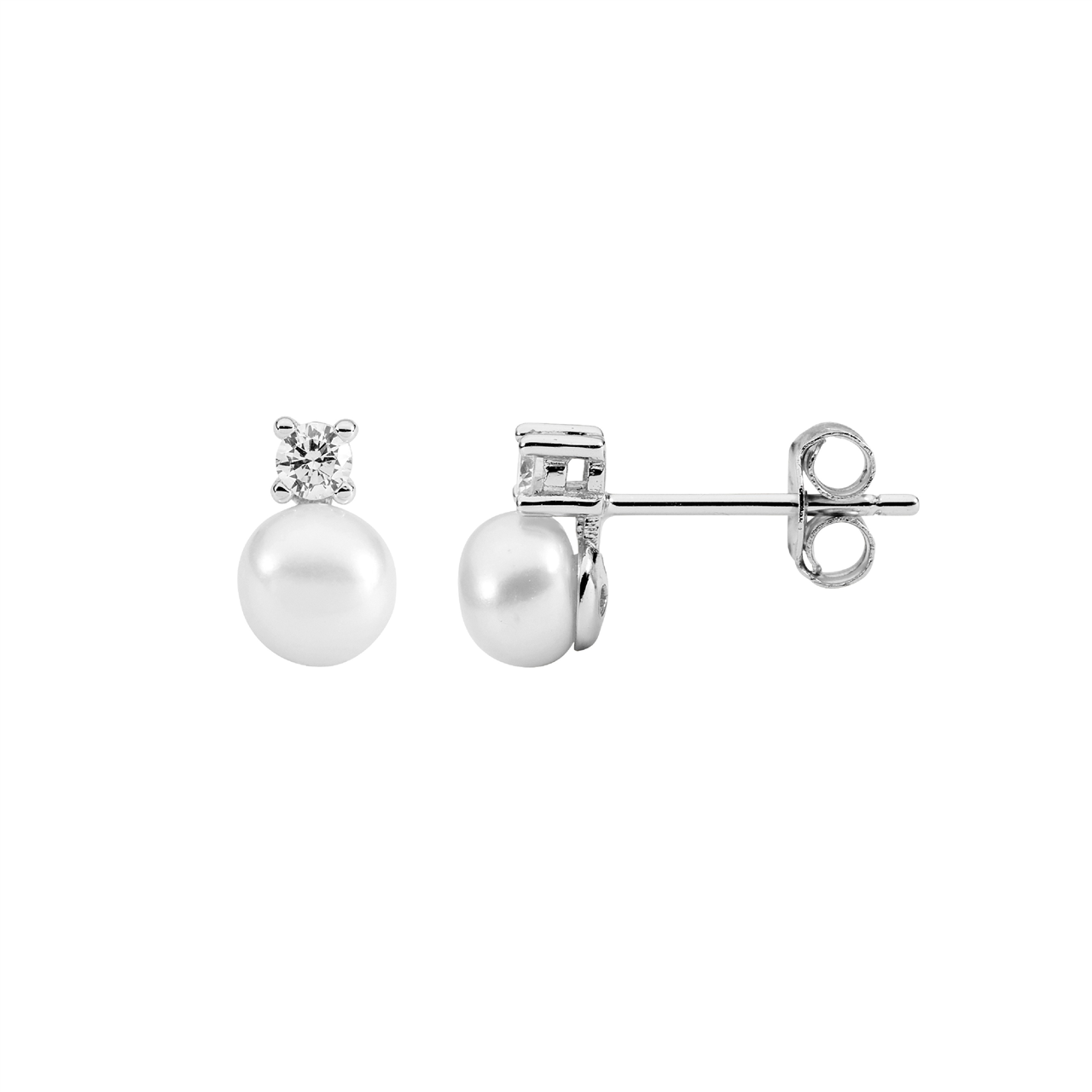 SS 2.5mm claw set wh cz, 5mm freshwater pearl earrings