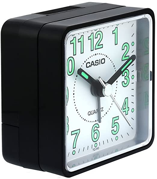 Casio Travel Alarm Clock with White Dial and Black Case. Model: TQ140