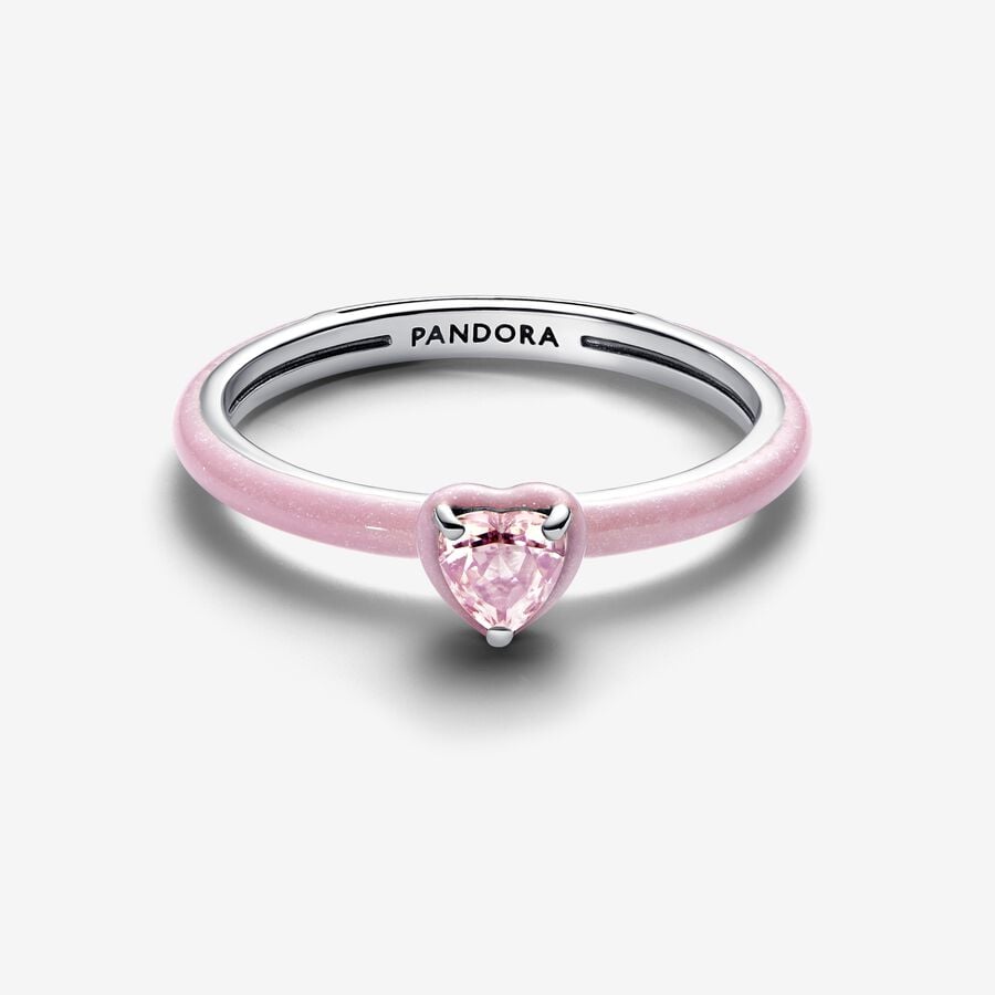 Heart sterling silver ring with orchid pink crystal and glittery pink enamel