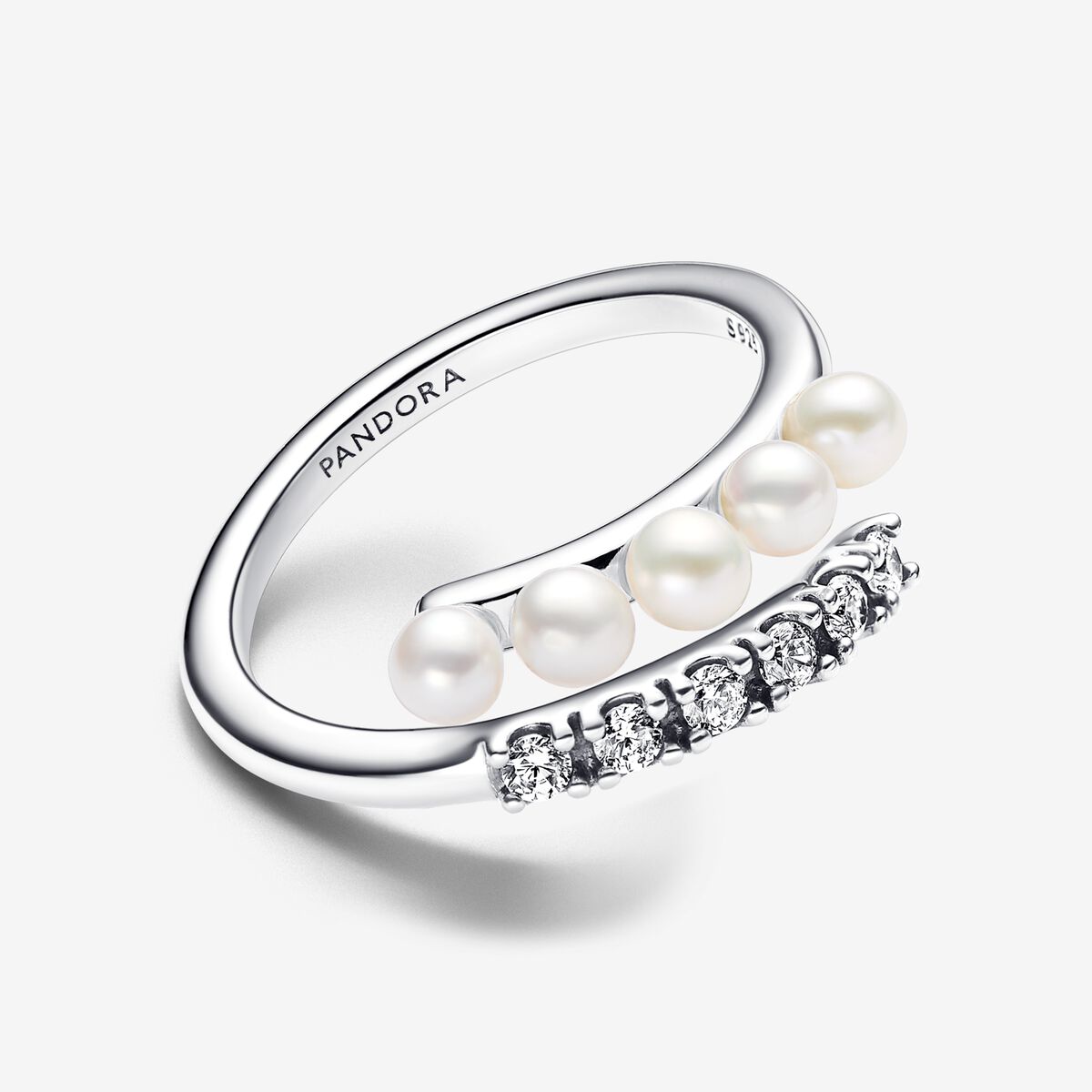 Sterling silver open ring with white treated freshwater cultured pearl and clear cubic zirconia